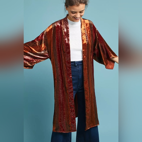 Anthropologie Ett:twa Longline Velvet Kimono Jacket Open Front Cardigan Size XS/ - Picture 1 of 4